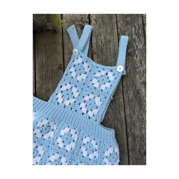 Vintage 70s Handmade Granny Square Bib Tank Dress Baby Blue & White - Picture 2 of 5